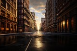 Fototapeta Uliczki - perspective of a street view of a retro urban city. 1900s city street view. sunset alley.