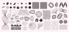 Vector Set Of Retro Futuristic Shapes, Icons And Grids In Black Color. Geometric Wireframe Elements, 3d Hearts And Abstract Waves. Trendy Y2k Rave Design. Cyberpunk Poster Collection