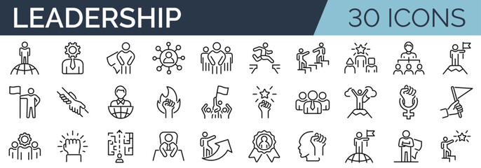 Set of 30 outline icons related to leadership, leader, expert, winner. Linear icon collection. Editable stroke. Vector illustration