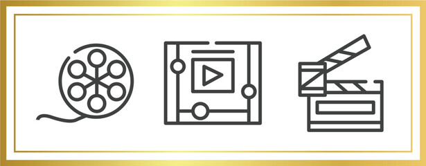 Sticker - cinema outline icons set. linear icons sheet included film roll side view, watching a video on a tablet, slapstick open vector.