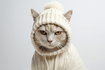 Wall Mural - Gray shorthair cat in a knitted sweater with a hood on a white background.