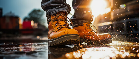 Wall Mural - Close-up of dirty construction worker's boots with wet ground and construction site in the background. Construction, labor, and workplace themes