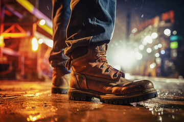 Construction worker's boots on a wet ground with construction site in the background illuminated at night. Сonstruction, labor, safety, and work-related themes