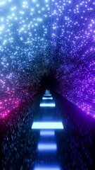 Wall Mural - A Vertical Bright Futuristic Tunnel With Mystical Sparkles And Lights. Fantasy Scene Without People. Magical Futuristic 80s Old Style. Modern 4K Loop. Conceptual Stock Video. Seamless 3D Animation