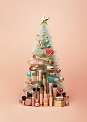 Christmas tree made of cosmetics and accessories on pastel beige pink background. Christmas and New Year concept. Greeting or gift card.