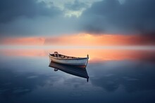 Lone Boat Drifting On A Calm In The Lake, Solitary Landscape. Generative AI