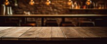 Rustic Empty Wooden Table. Vintage Pub Interior. Dark Wood Counter. Restaurant Space. Abstract Bar Scene