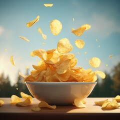 Wall Mural - Flying potato chips in a bowl. Generative AI.