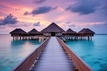 Beautiful Maldives Travel Concept With Willas On The Water, Sunset Vibes