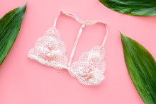 Elegant Pink Lace Lingerie Bra For Romantic Gift, Top View