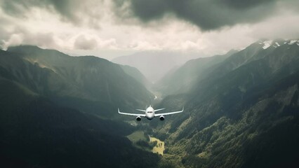 Wall Mural - Slow motion of a passenger plane of an airliner over the tropical jungle, top view.