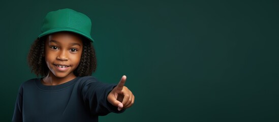Wall Mural - Young African American girl aged 13 14 wearing a casual hoodie and hat pointing upward towards a workspace with copy space on a plain dark green background to illustrate the concept of childhoo