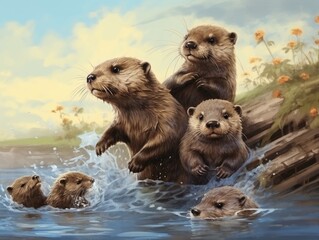 Wall Mural - Playful European Beaver, aquatic rodent swims in pristine river habitat, made with Generative AI