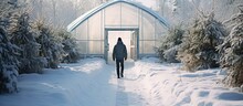 A Man Is Inside A Polycarbonate Greenhouse With Tracks In Deep Snow Leading To It