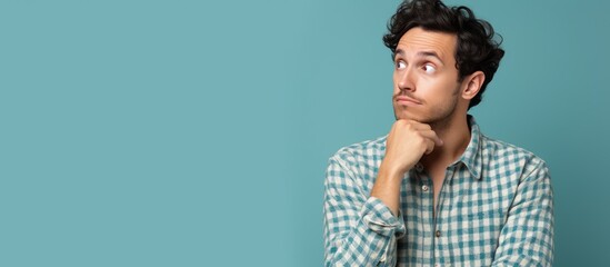 Wall Mural - Confused young man with a concerned expression looking upwards with uncertainty