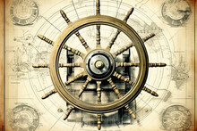 Vintage Navigation Background Illustration With Steering Wheel, Charts, Anchor, Chains