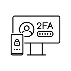 Leinwandbilder - 2FA two factor verification icon with vector authentication password and login of internet security technology. Outline computer screen and mobile phone with two factor verification code, lock symbol