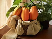 Tropical Papayas, A Taste Of Paradise, Elegantly Displayed In A Burlap Holder, Capturing Their Tropical Essence, Made With Generative AI