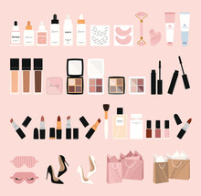Cosmetics And Accessories Clipart, Skin Care, Makeup, Heels, Shopping Bags, Lipstick, Serum, Foundation, Eyeshadow, Mascara, Vector Illustration Set