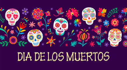 Cartoon sugar calavera skulls and tropical flowers. Dia de los muertos day of the dead mexican holiday banner. Vector greeting card with calaca heads and colorful blooms in traditional alebrije style