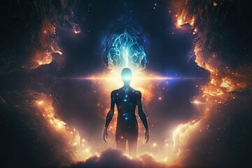 Wall Mural - conceptual image with human figure and glowing lightning