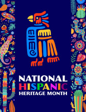 National Hispanic Heritage Month Festival Flyer Or Poster With Mayan, Aztec Totem. Mexican Or Spanish Festival Banner, Latin America Culture Celebration Vector Invitation Card With Lizard, Flowers