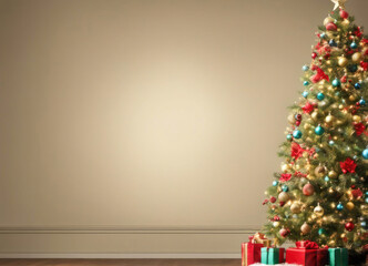 Wall Mural - Large christmas tree with copy space and gifts