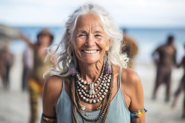Medium shot portrait photography of a happy mature woman wearing a bold body chain at the galapagos islands ecuador. With generative AI technology