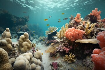 Wall Mural - coral fragments with visible spawn on ocean floor