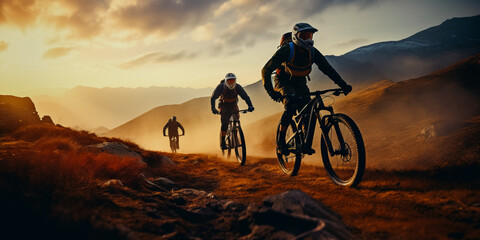 Canvas Print - Group of mountainbikers riders, biking outdoor up mountain