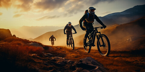 Wall Mural - Group of mountainbikers riders, biking outdoor up mountain