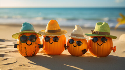 A group of cheery Halloween pumpkins in sunglasses and straw beach hats by the ocean. Happy halloween, photo for illustration and beach holiday for hoteliers.