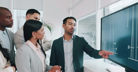 Poster - Presentation, renewable energy and teamwork with business people in meeting for planning, engineering and environment. Technology, research and blueprint with employees in office for model workshop