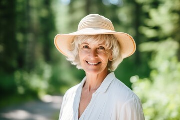 Headshot portrait photography of a satisfied mature woman wearing a whimsical sunhat at the banff national park in alberta canada. With generative AI technology