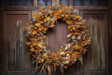 Poster - dried flower wreath displayed on a rustic wooden door