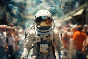 Wall Mural - Astronaut wearing space suit at crowded street in rush hour. Lonely space man among people in city with motion blur effect