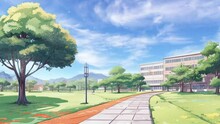 Landscape With Trees And Clouds In Spring Season. Cartoon Or Anime Watercolor Painting Illustration Style. Seamless Looping 4K Time-lapse Virtual Video Animation Background