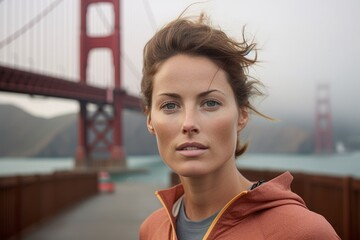 Wall Mural - Close-up portrait photography of a tender girl in her 40s wearing a breathable mesh jersey at the golden gate bridge in san francisco usa. With generative AI technology