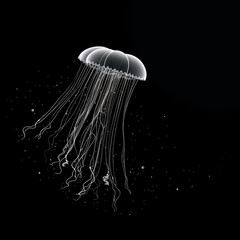 Wall Mural - Black and white illustration of a jellyfish swimming on a plain background. Minimalist style. 3d rendering.