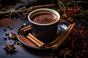 Canvas Print - hot chocolate with cinnamon sticks and spices