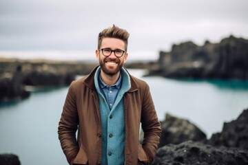 Wall Mural - Lifestyle portrait photography of a grinning boy in his 30s wearing a chic cardigan at the blue lagoon in reykjavik iceland. With generative AI technology