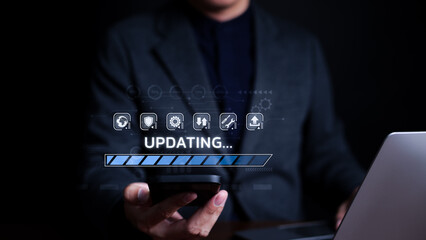 Update software application upgrade technology concept. Man using smart phone, Software update or Operating system, updating progress bar, Install app patch, new version, Improved security,