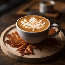 Close Up Image Of A Pumpkin Spice Latte, Espresso With Autumn Leaf Latte Art. International Coffee Day Concept.