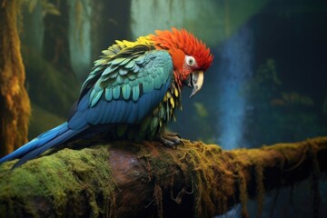 Wall Mural - rainforest parrot preening feathers in a serene setting