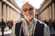 © Markus Schröder - Medium shot portrait photography of a joyful mature man wearing a bold statement necklace at the st. With generative AI technology