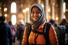 Medium Shot Portrait Photography Of A Jovial Girl In Her 30s Wearing A Thermal Insulation Vest At The Blue Mosque In Istanbul Turkey. With Generative AI Technology
