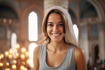 Wall Mural - Close-up portrait photography of a joyful girl in her 20s wearing an elegant halter top at the blue mosque in istanbul turkey. With generative AI technology