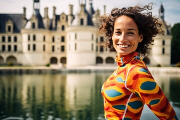 Poster - Environmental portrait photography of a joyful girl in her 30s wearing a vibrant rash guard at the chateau de chambord in chambord france. With generative AI technology