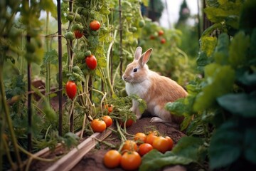 rabbit chewing on carrot near a garden patch