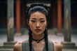 Close-up portrait photography of a blissful girl in his 30s wearing a lace bralette at the mausoleum of the first qin emperor in xian china. With generative AI technology